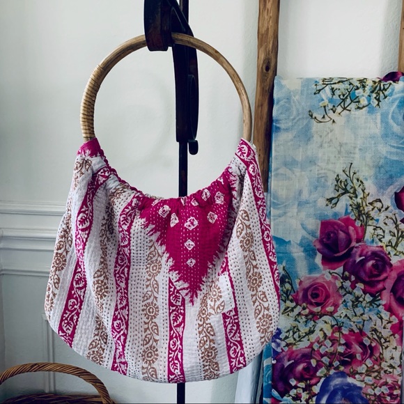 SARI-BARI BOHO PATCHWORK BEACH TOTE BAG BRUSHED COTTON OVERSIZED BAMBOO HANDLE - Picture 16 of 16